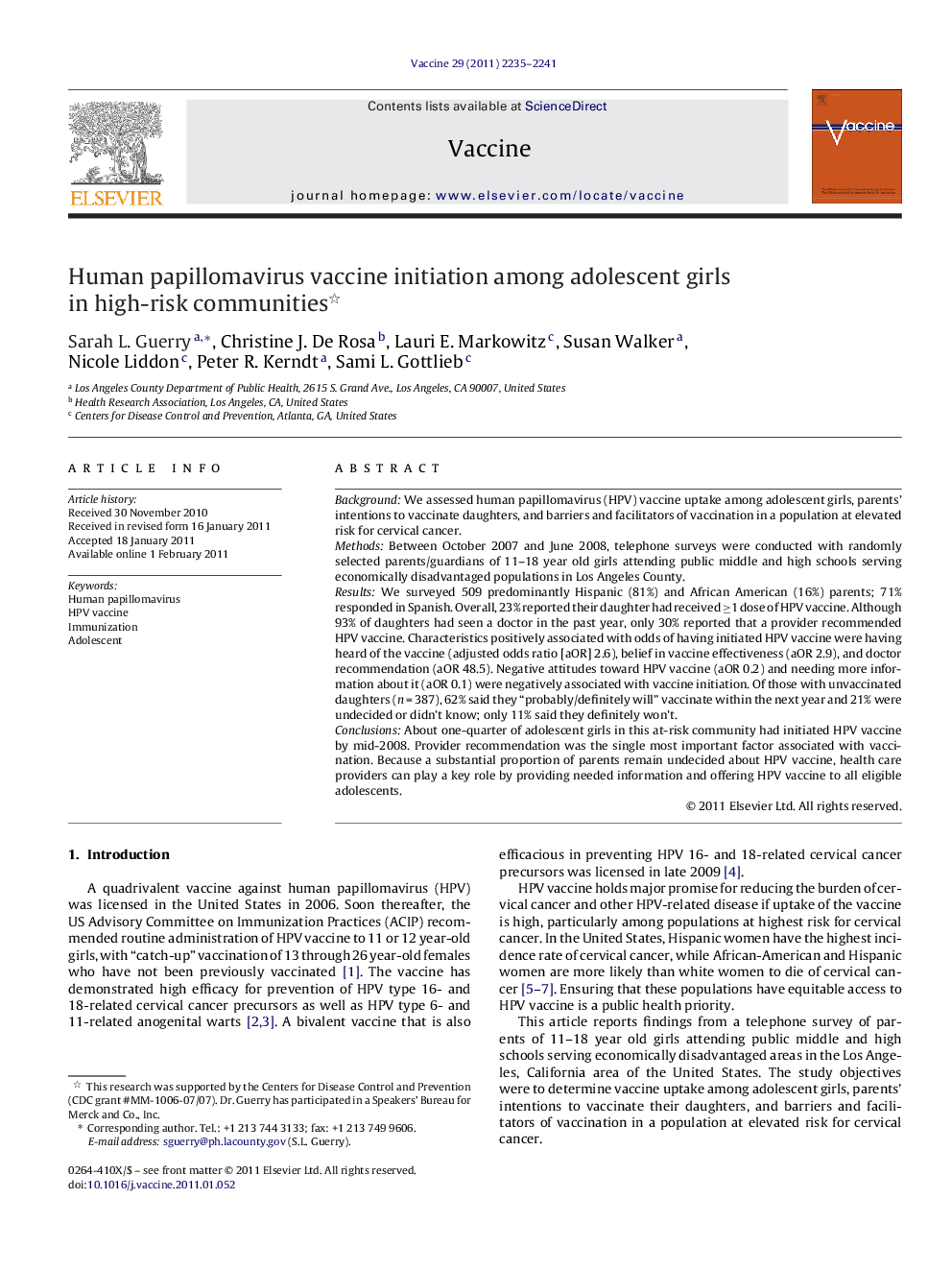 Human papillomavirus vaccine initiation among adolescent girls in high-risk communities 