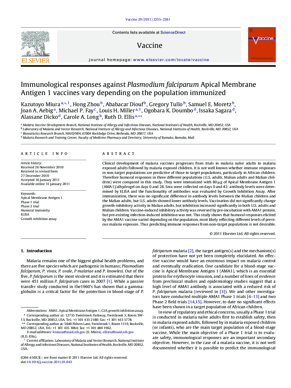 Immunological responses against Plasmodium falciparum Apical Membrane Antigen 1 vaccines vary depending on the population immunized