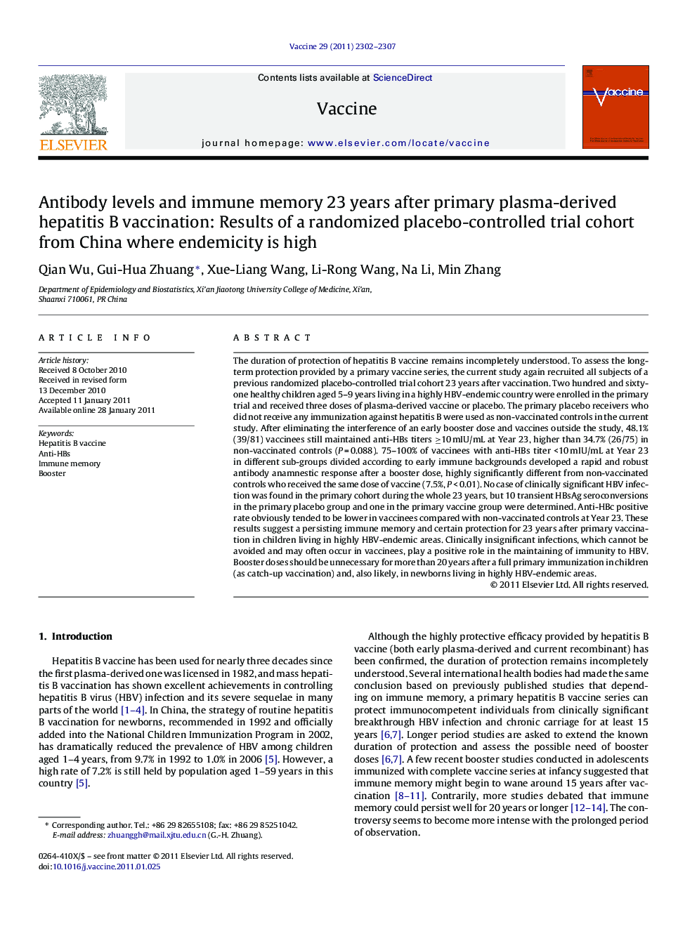 Antibody levels and immune memory 23 years after primary plasma-derived hepatitis B vaccination: Results of a randomized placebo-controlled trial cohort from China where endemicity is high