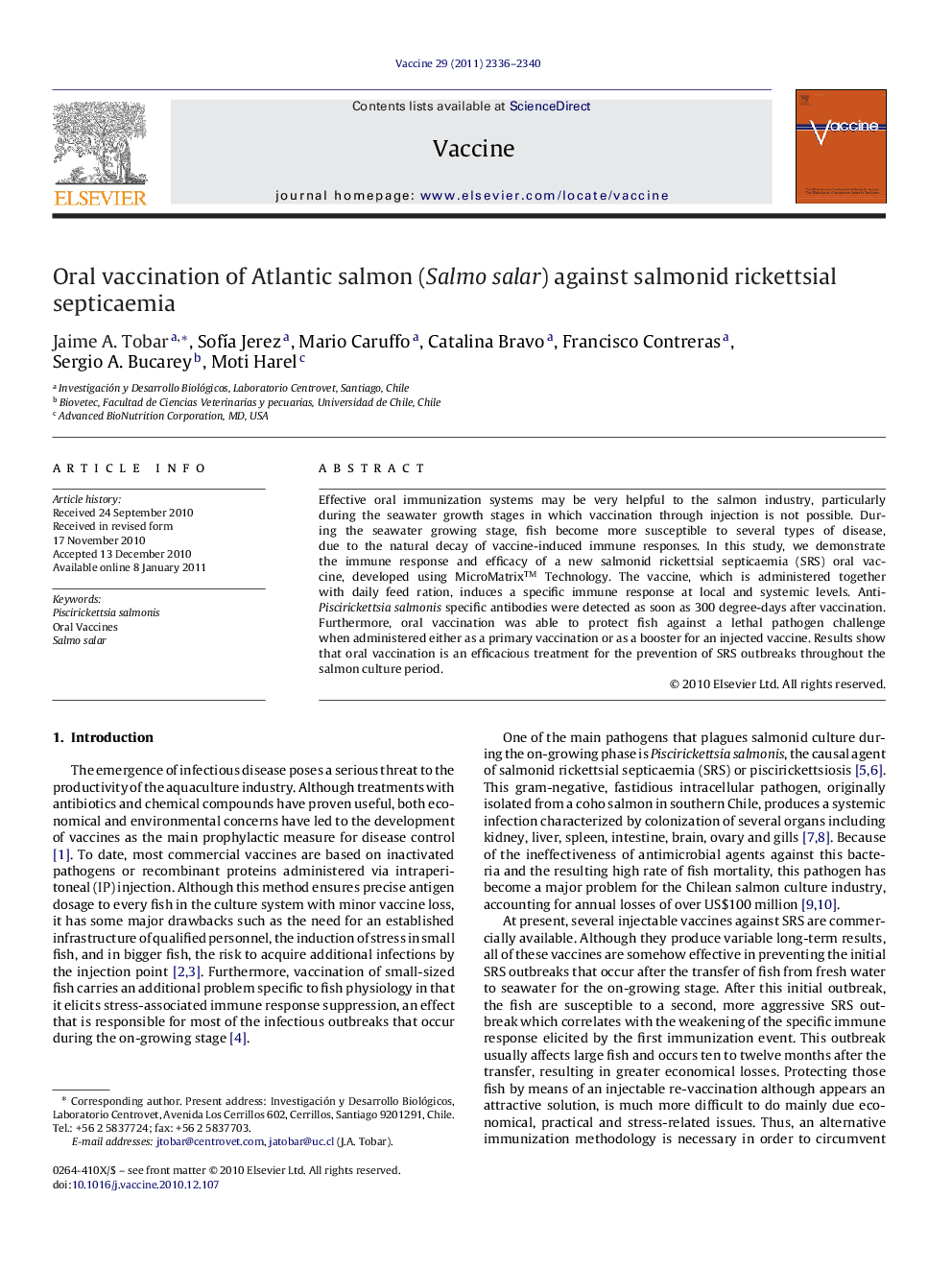 Oral vaccination of Atlantic salmon (Salmo salar) against salmonid rickettsial septicaemia