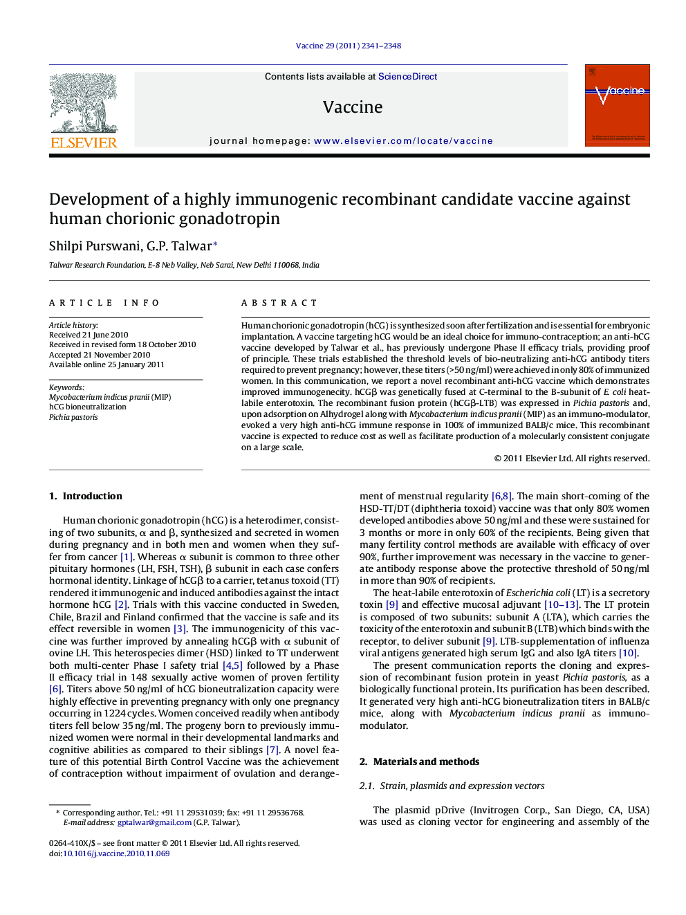 Development of a highly immunogenic recombinant candidate vaccine against human chorionic gonadotropin