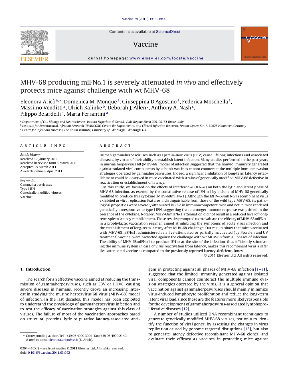 MHV-68 producing mIFNα1 is severely attenuated in vivo and effectively protects mice against challenge with wt MHV-68