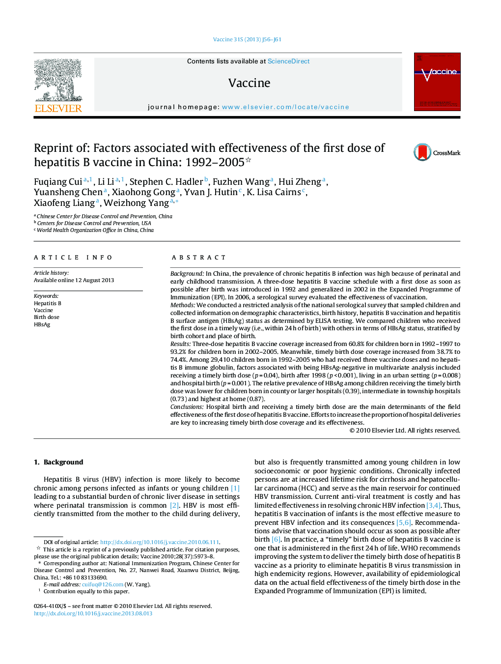 Reprint of: Factors associated with effectiveness of the first dose of hepatitis B vaccine in China: 1992–2005 