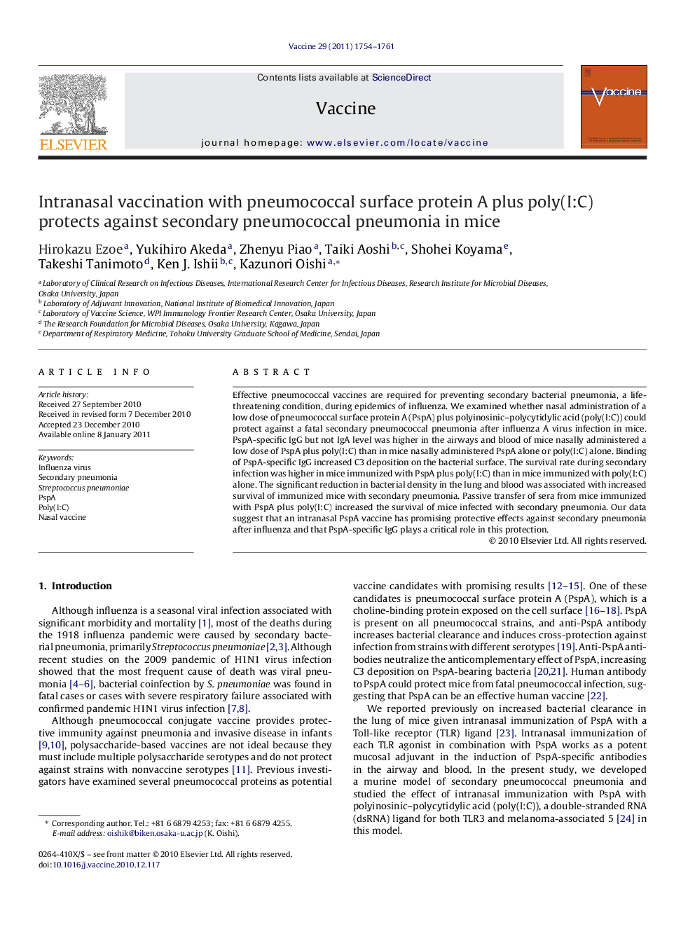 Intranasal vaccination with pneumococcal surface protein A plus poly(I:C) protects against secondary pneumococcal pneumonia in mice