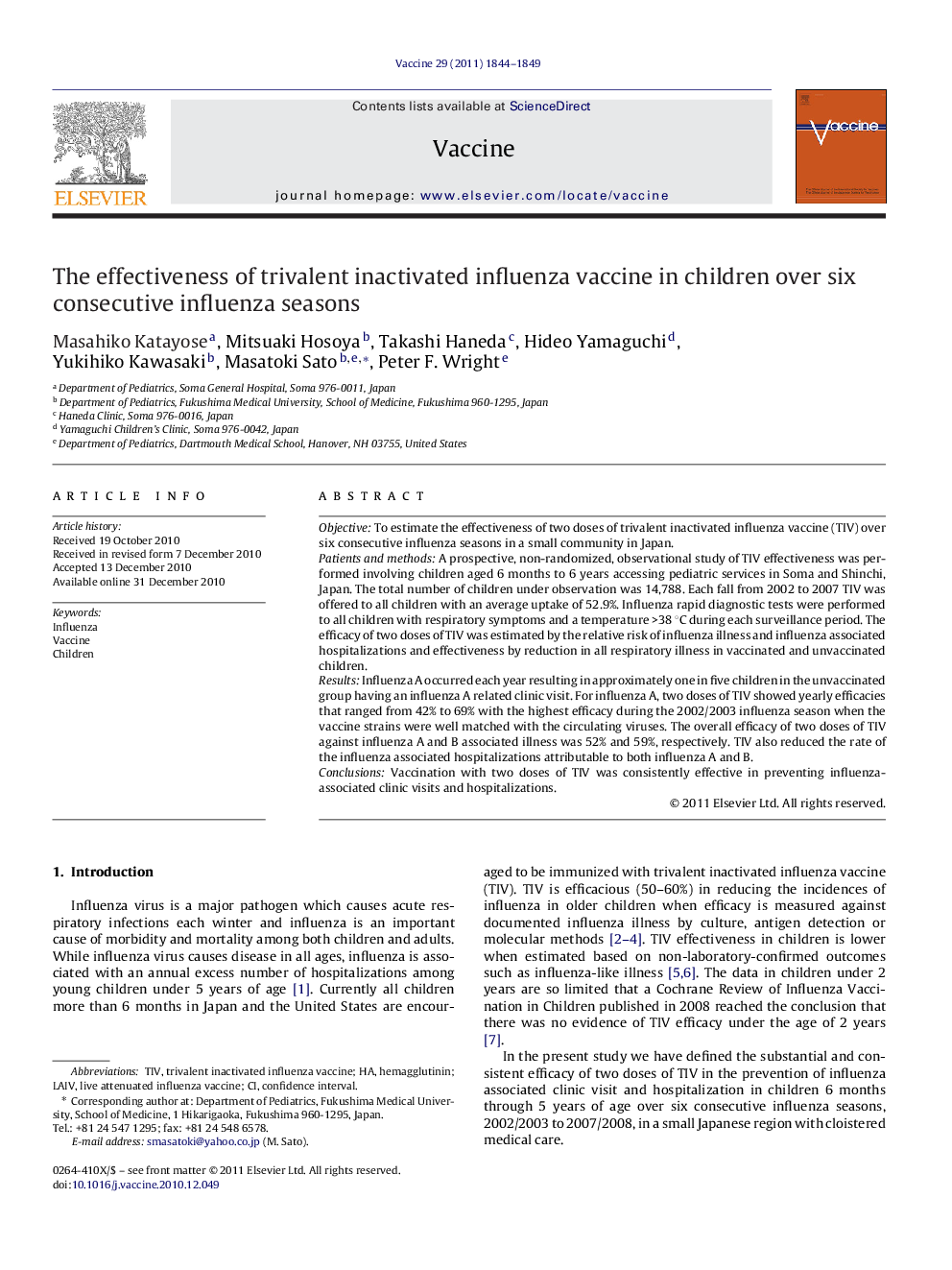 The effectiveness of trivalent inactivated influenza vaccine in children over six consecutive influenza seasons