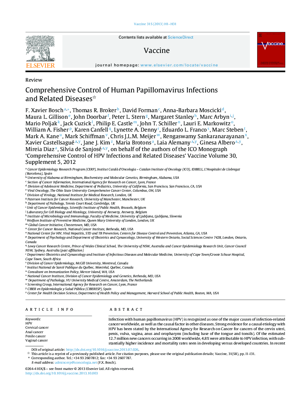 Comprehensive Control of Human Papillomavirus Infections and Related Diseases 