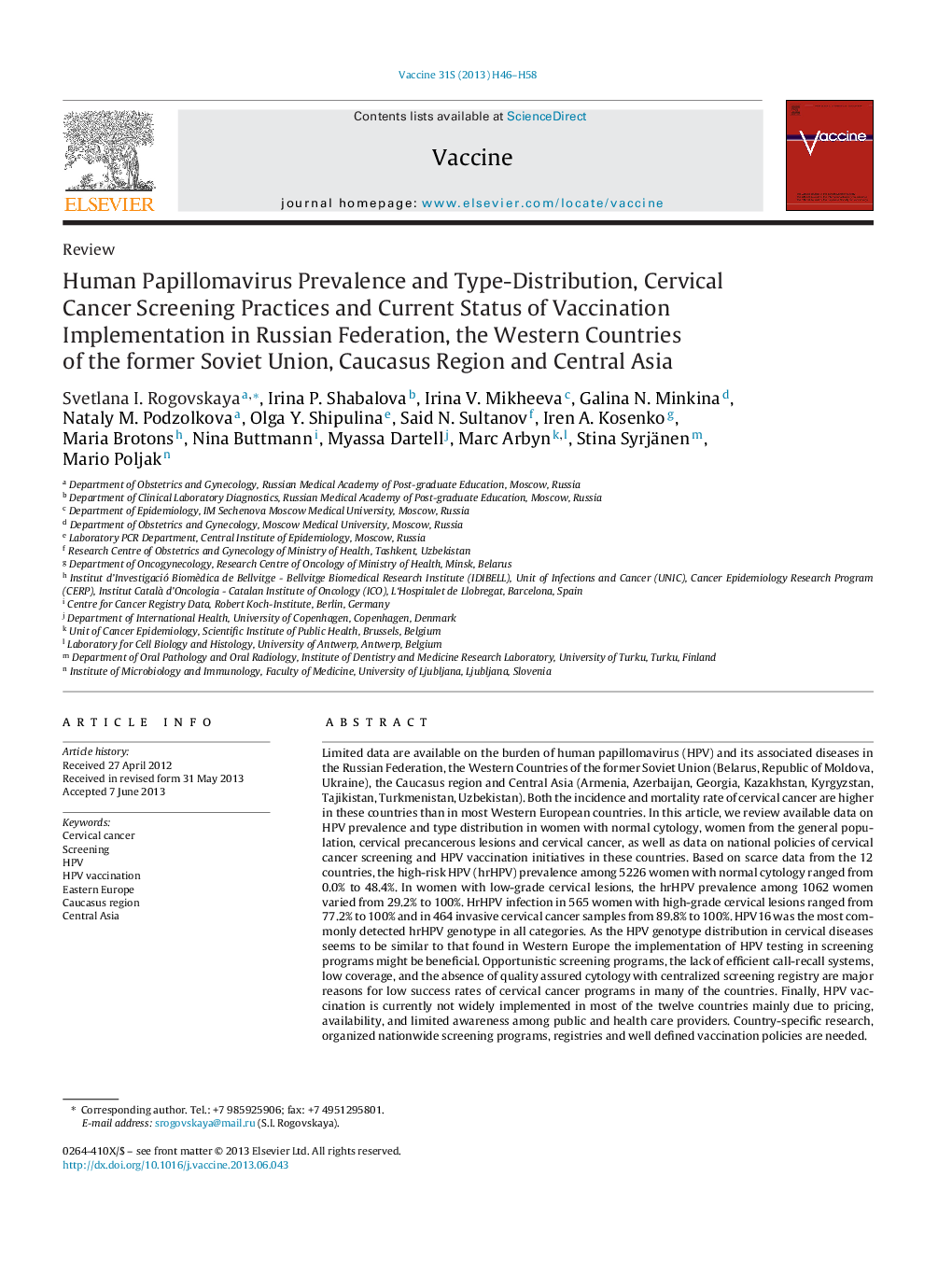 Human Papillomavirus Prevalence and Type-Distribution, Cervical Cancer Screening Practices and Current Status of Vaccination Implementation in Russian Federation, the Western Countries of the former Soviet Union, Caucasus Region and Central Asia