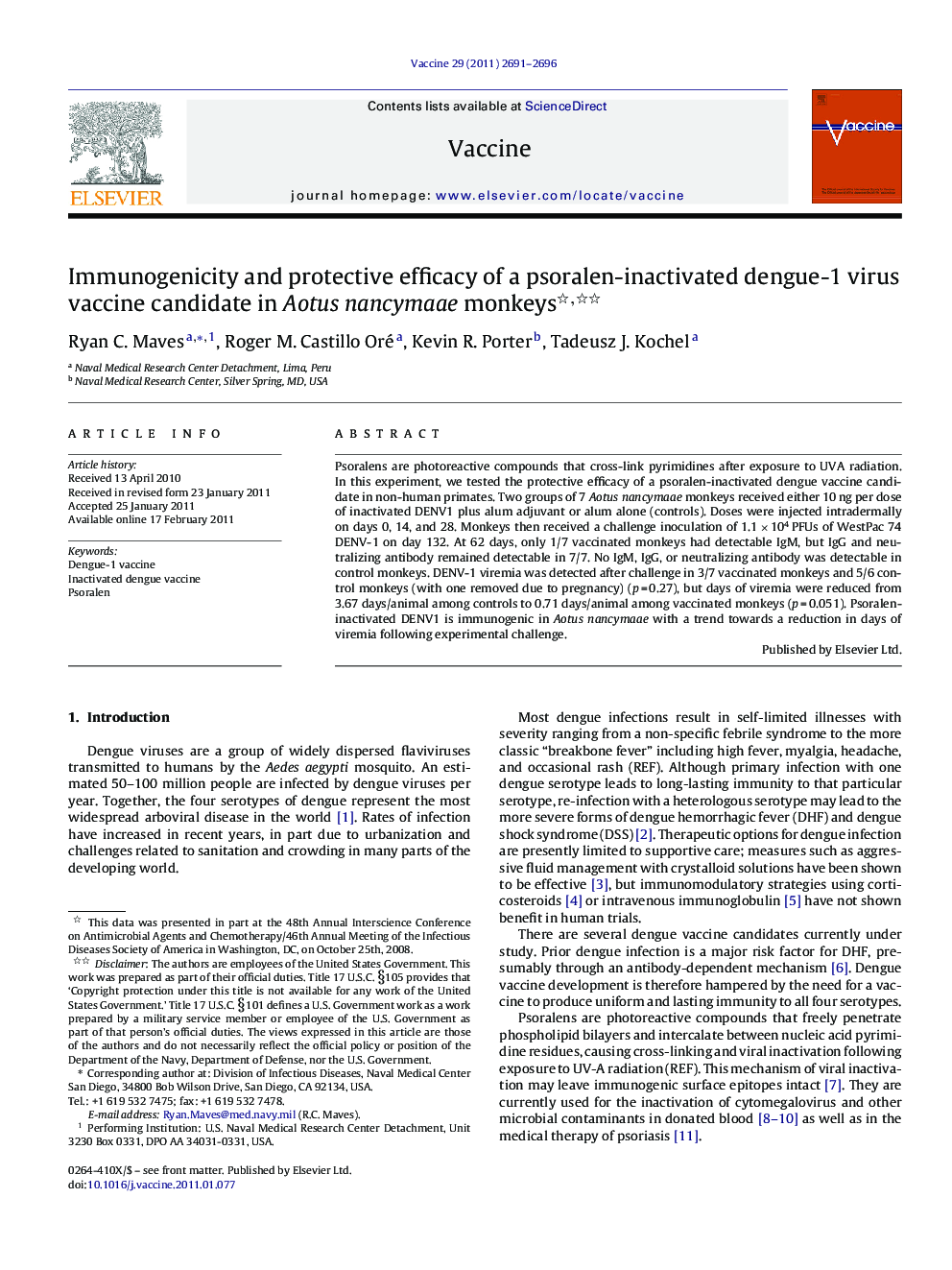 Immunogenicity and protective efficacy of a psoralen-inactivated dengue-1 virus vaccine candidate in Aotus nancymaae monkeys 