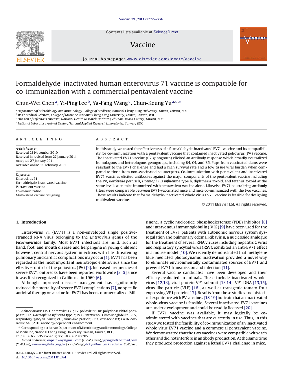 Formaldehyde-inactivated human enterovirus 71 vaccine is compatible for co-immunization with a commercial pentavalent vaccine