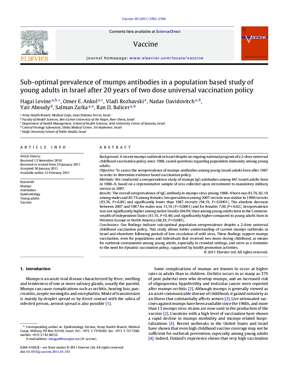 Sub-optimal prevalence of mumps antibodies in a population based study of young adults in Israel after 20 years of two dose universal vaccination policy