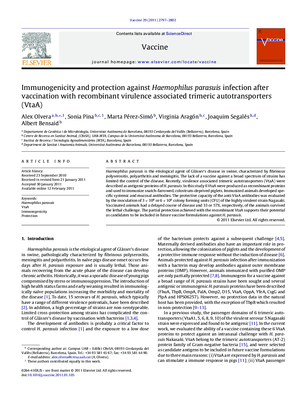 Immunogenicity and protection against Haemophilus parasuis infection after vaccination with recombinant virulence associated trimeric autotransporters (VtaA)