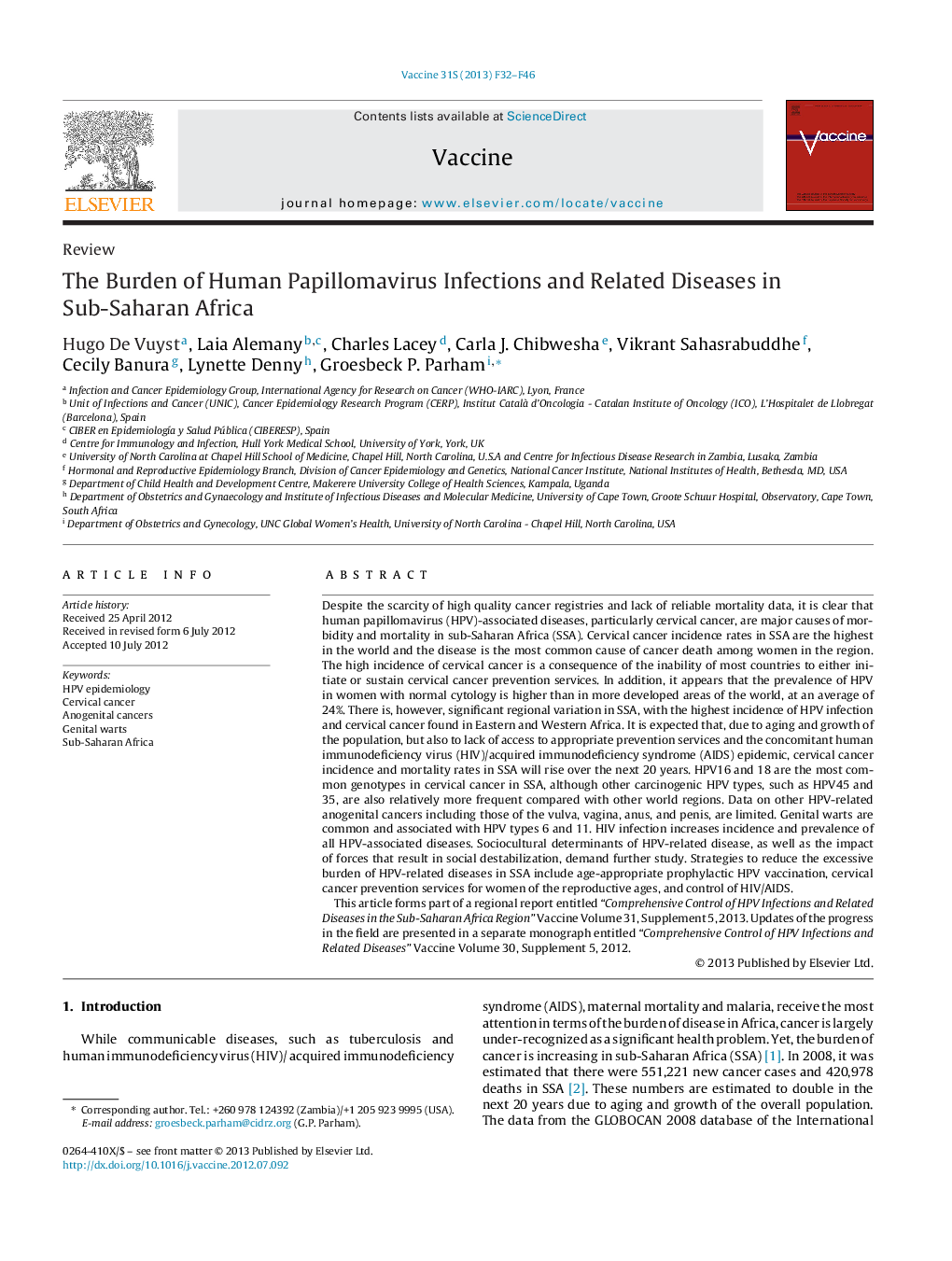 The Burden of Human Papillomavirus Infections and Related Diseases in Sub-Saharan Africa