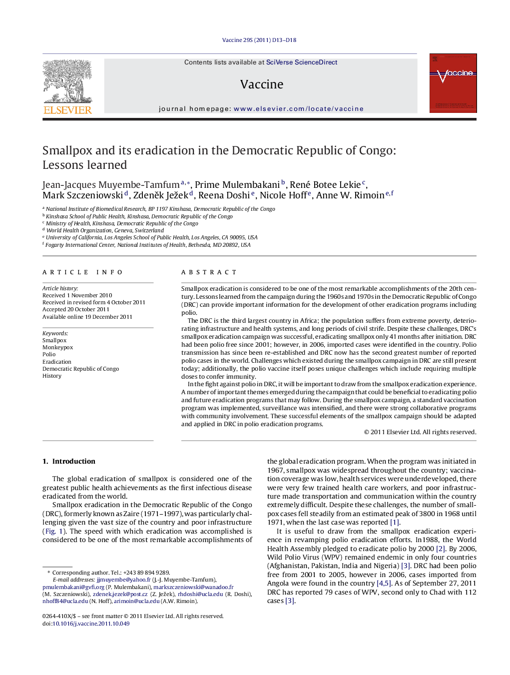 Smallpox and its eradication in the Democratic Republic of Congo: Lessons learned