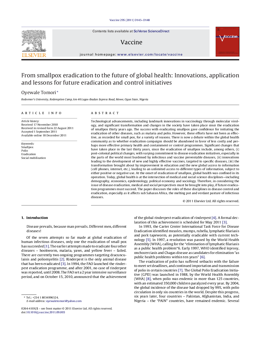 From smallpox eradication to the future of global health: Innovations, application and lessons for future eradication and control initiatives