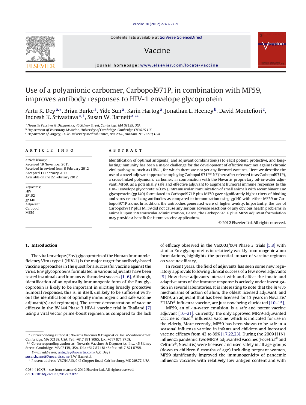 Use of a polyanionic carbomer, Carbopol971P, in combination with MF59, improves antibody responses to HIV-1 envelope glycoprotein