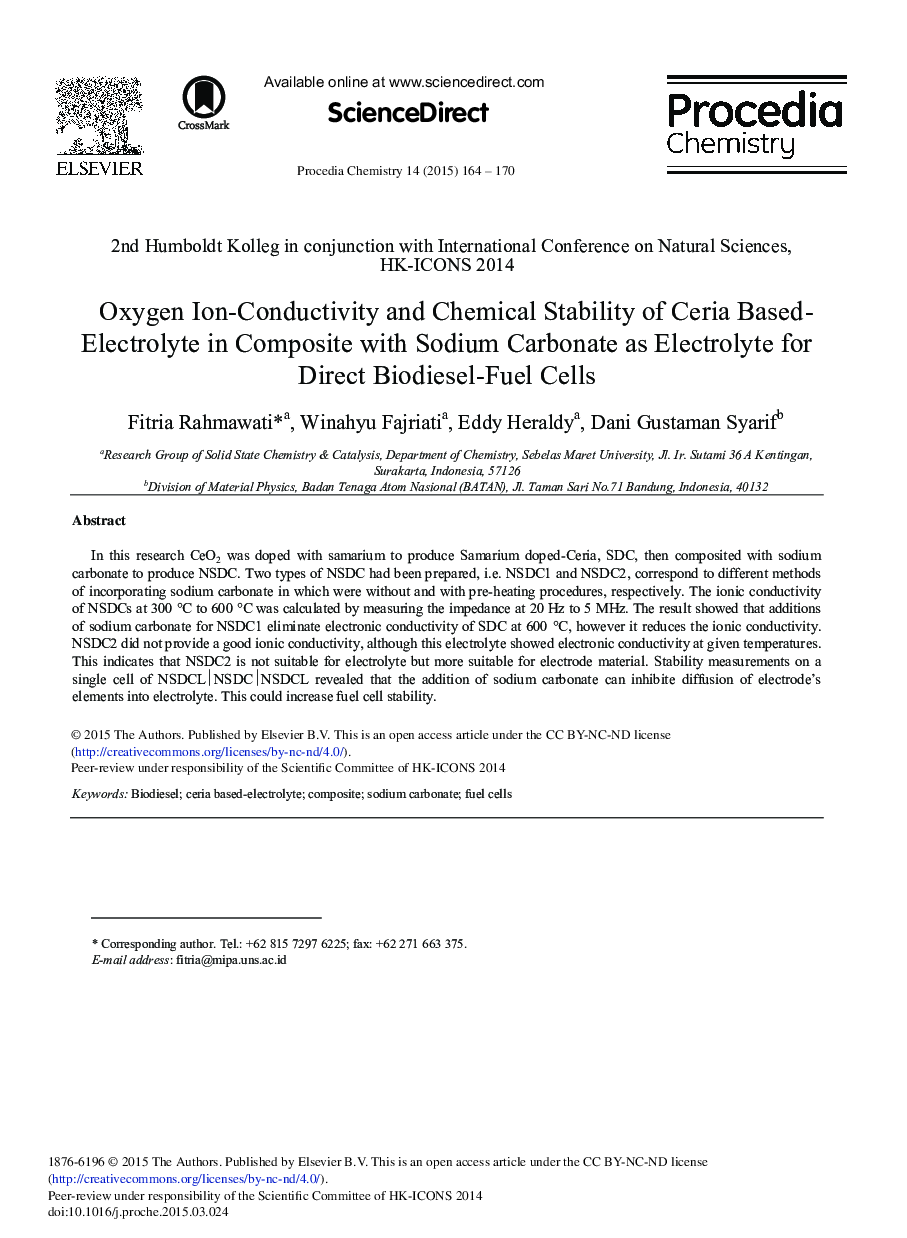 Oxygen Ion-Conductivity and Chemical Stability of Ceria Based-Electrolyte in Composite with Sodium Carbonate as Electrolyte for Direct Biodiesel-Fuel Cells 