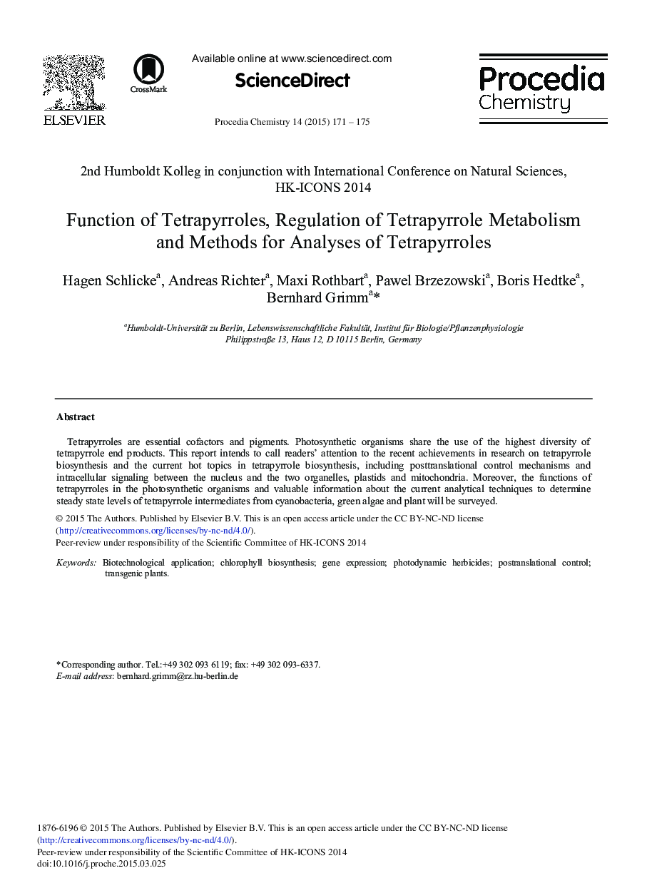 Function of Tetrapyrroles, Regulation of Tetrapyrrole Metabolism and Methods for Analyses of Tetrapyrroles 