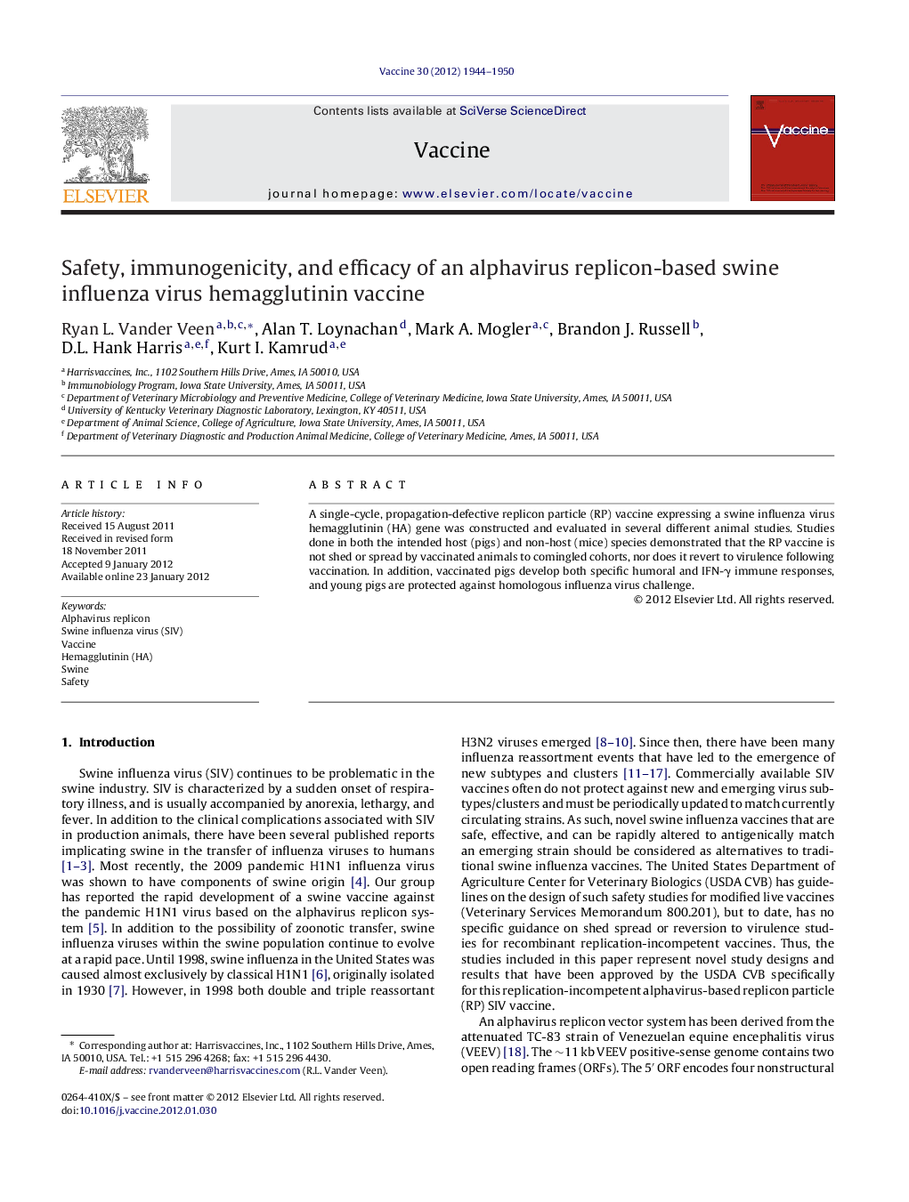 Safety, immunogenicity, and efficacy of an alphavirus replicon-based swine influenza virus hemagglutinin vaccine