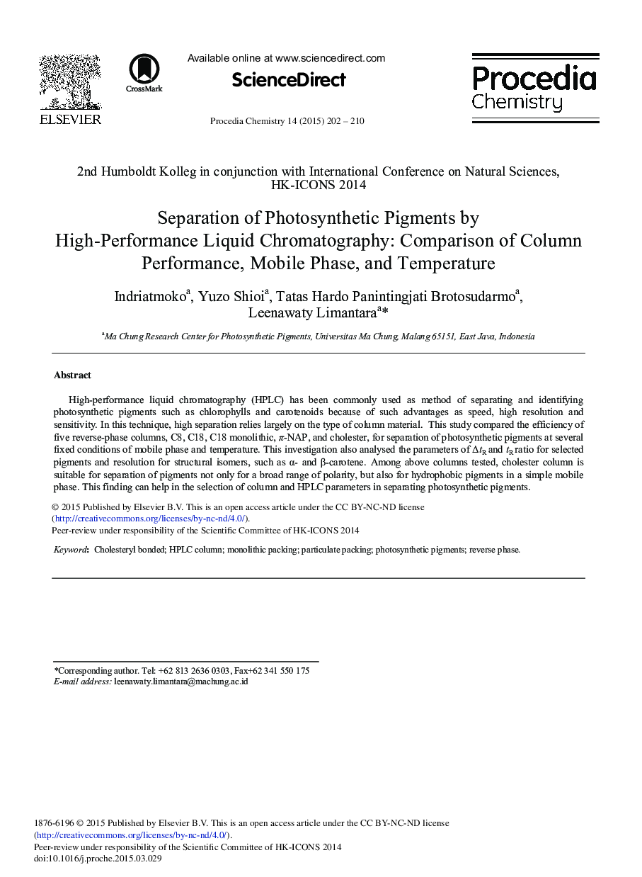 Separation of Photosynthetic Pigments by High-performance Liquid Chromatography: Comparison of Column Performance, Mobile Phase, and Temperature 
