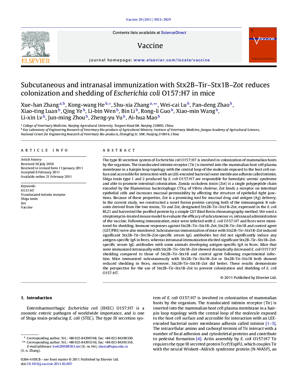 Subcutaneous and intranasal immunization with Stx2B–Tir–Stx1B–Zot reduces colonization and shedding of Escherichia coli O157:H7 in mice