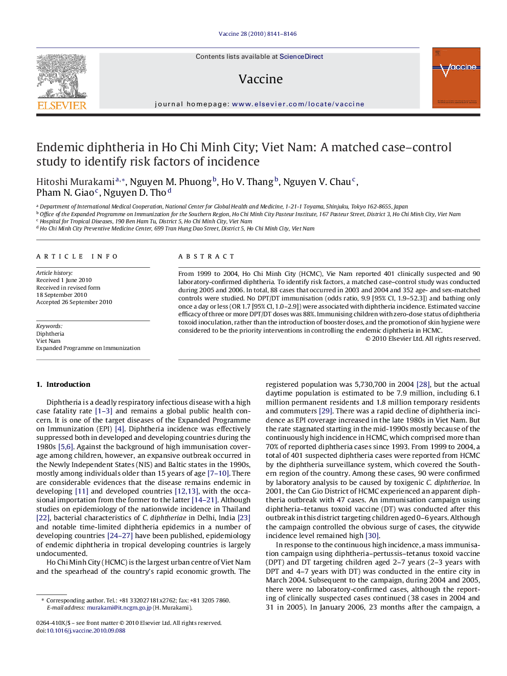 Endemic diphtheria in Ho Chi Minh City; Viet Nam: A matched case–control study to identify risk factors of incidence