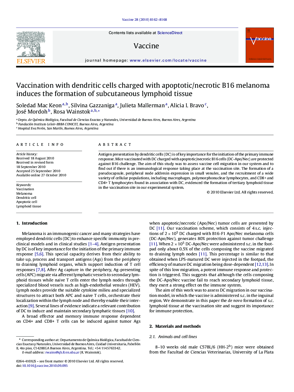 Vaccination with dendritic cells charged with apoptotic/necrotic B16 melanoma induces the formation of subcutaneous lymphoid tissue