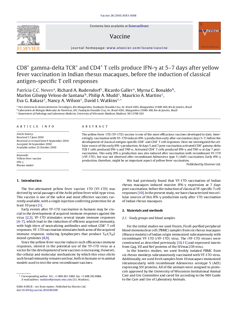 CD8+ gamma-delta TCR+ and CD4+ T cells produce IFN-γ at 5–7 days after yellow fever vaccination in Indian rhesus macaques, before the induction of classical antigen-specific T cell responses