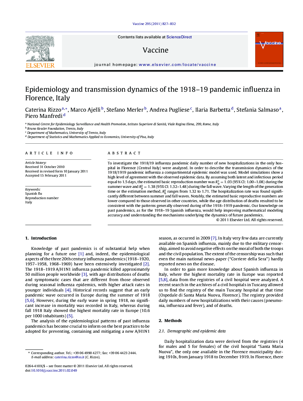 Epidemiology and transmission dynamics of the 1918–19 pandemic influenza in Florence, Italy