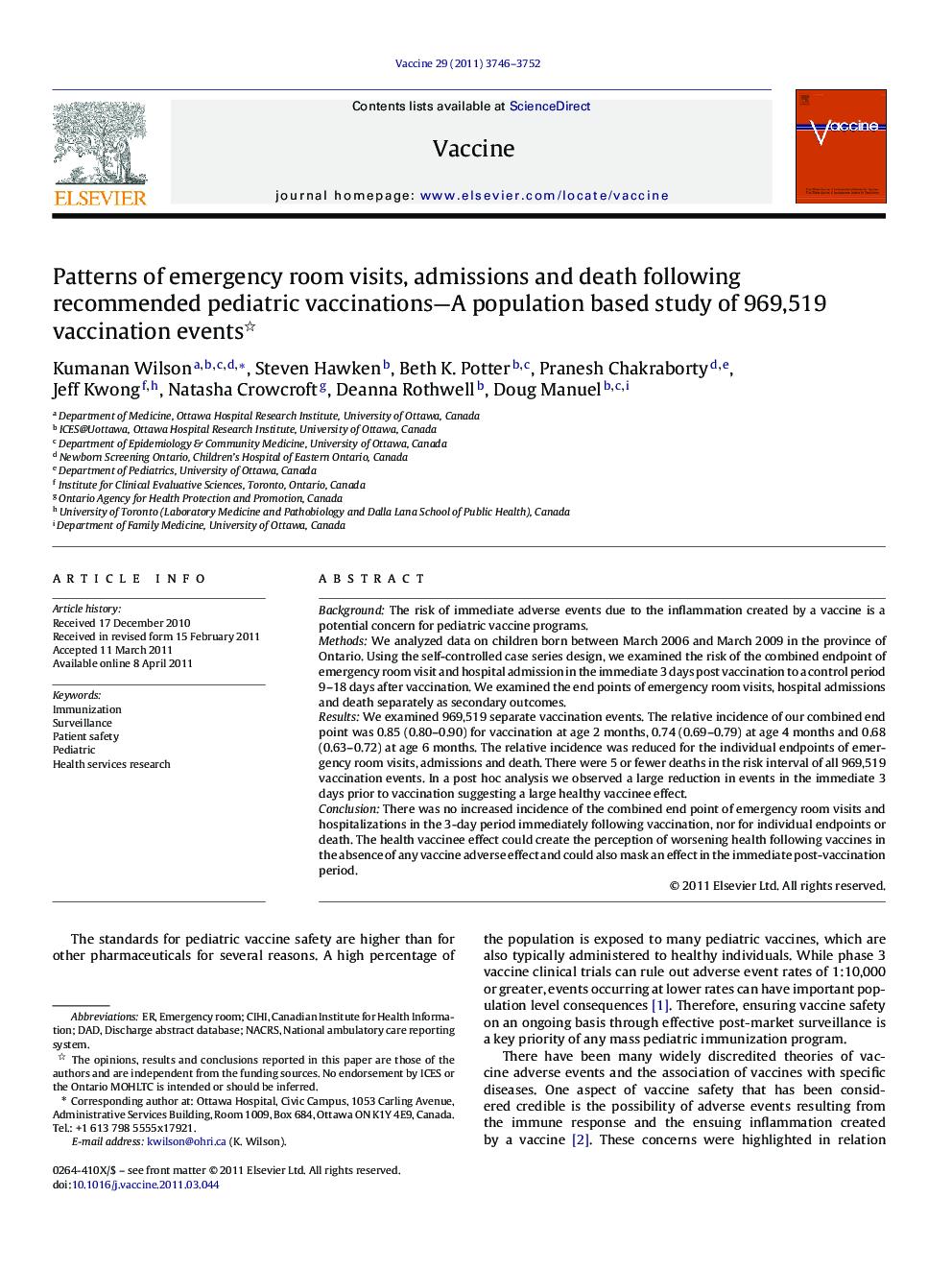 Patterns of emergency room visits, admissions and death following recommended pediatric vaccinations—A population based study of 969,519 vaccination events 