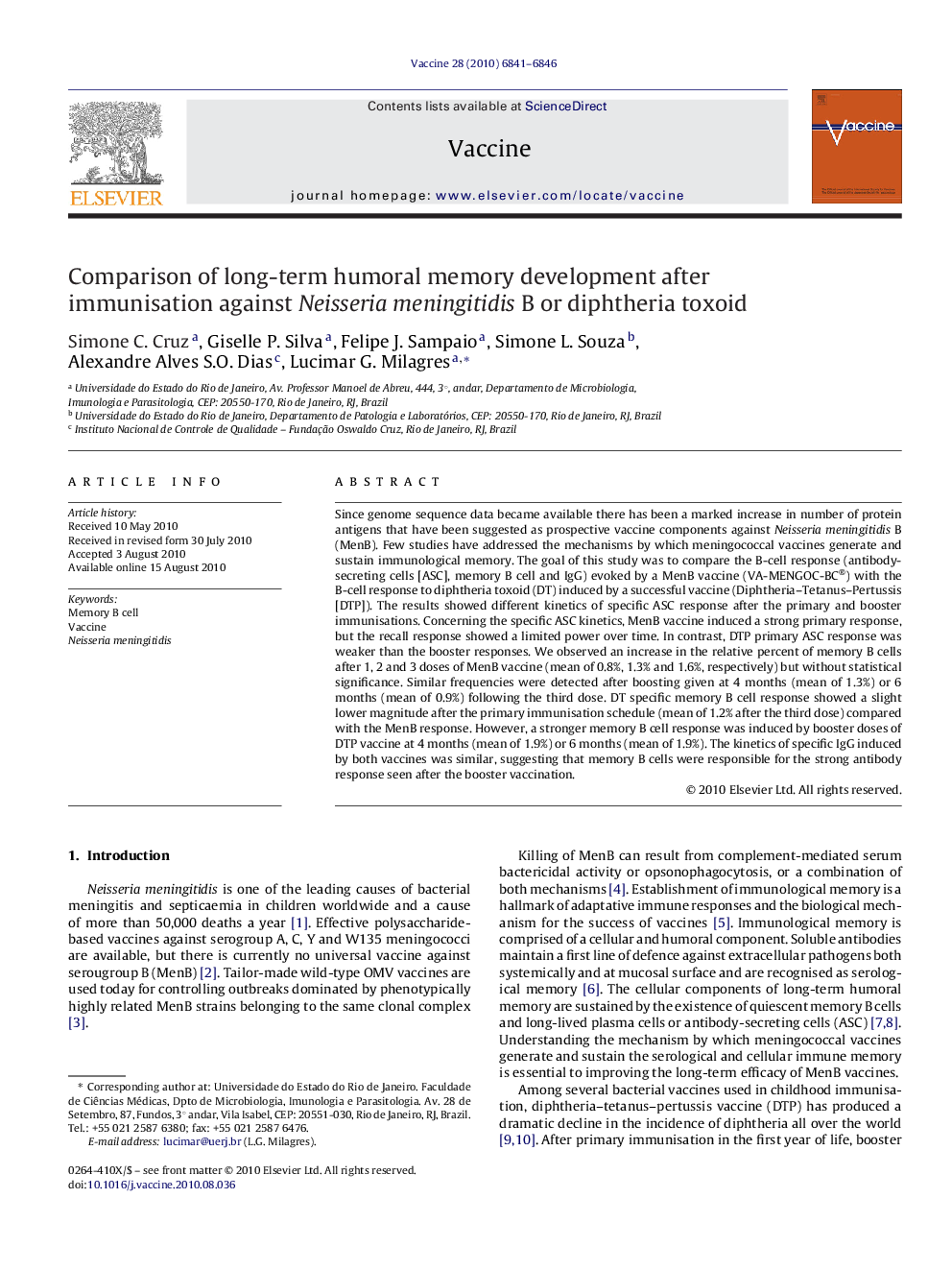 Comparison of long-term humoral memory development after immunisation against Neisseria meningitidis B or diphtheria toxoid