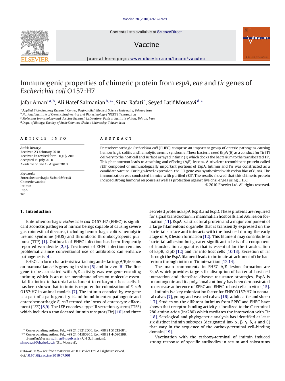 Immunogenic properties of chimeric protein from espA, eae and tir genes of Escherichia coli O157:H7