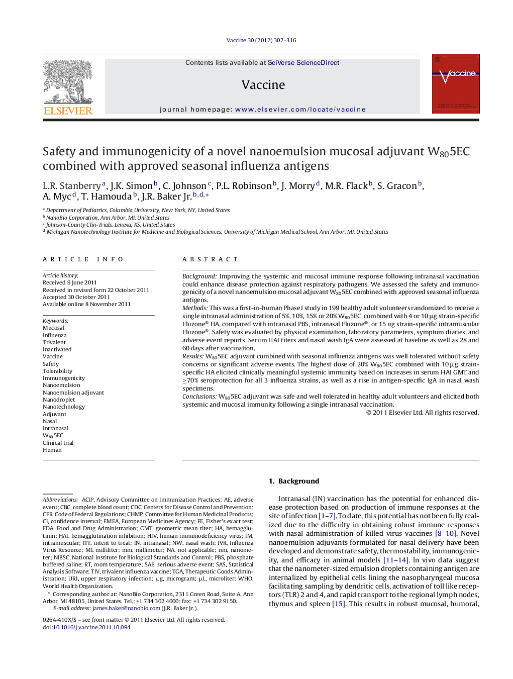 Safety and immunogenicity of a novel nanoemulsion mucosal adjuvant W805EC combined with approved seasonal influenza antigens