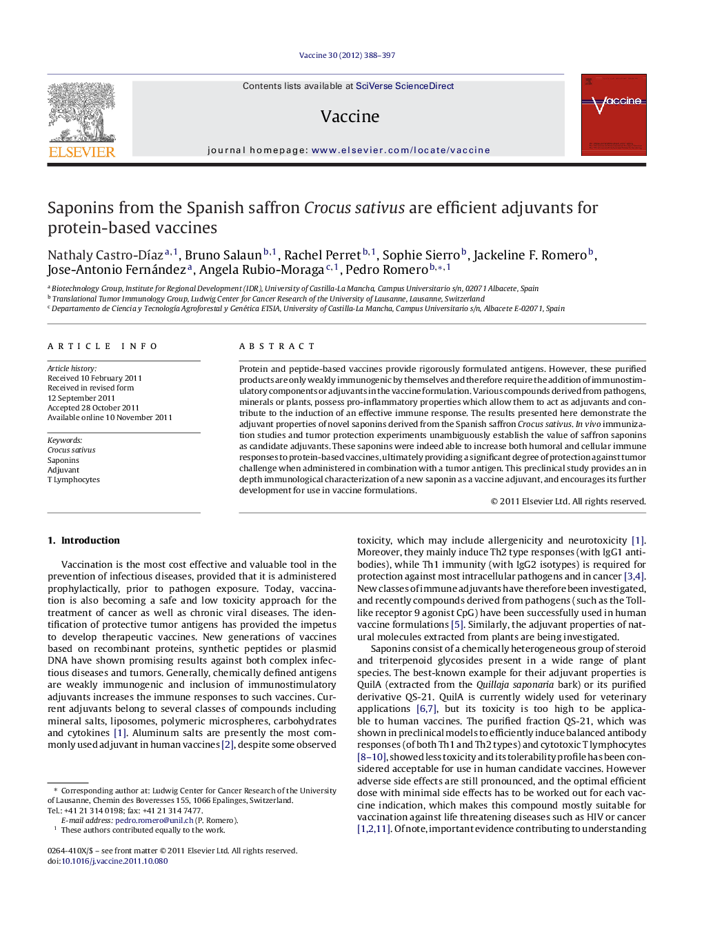 Saponins from the Spanish saffron Crocus sativus are efficient adjuvants for protein-based vaccines