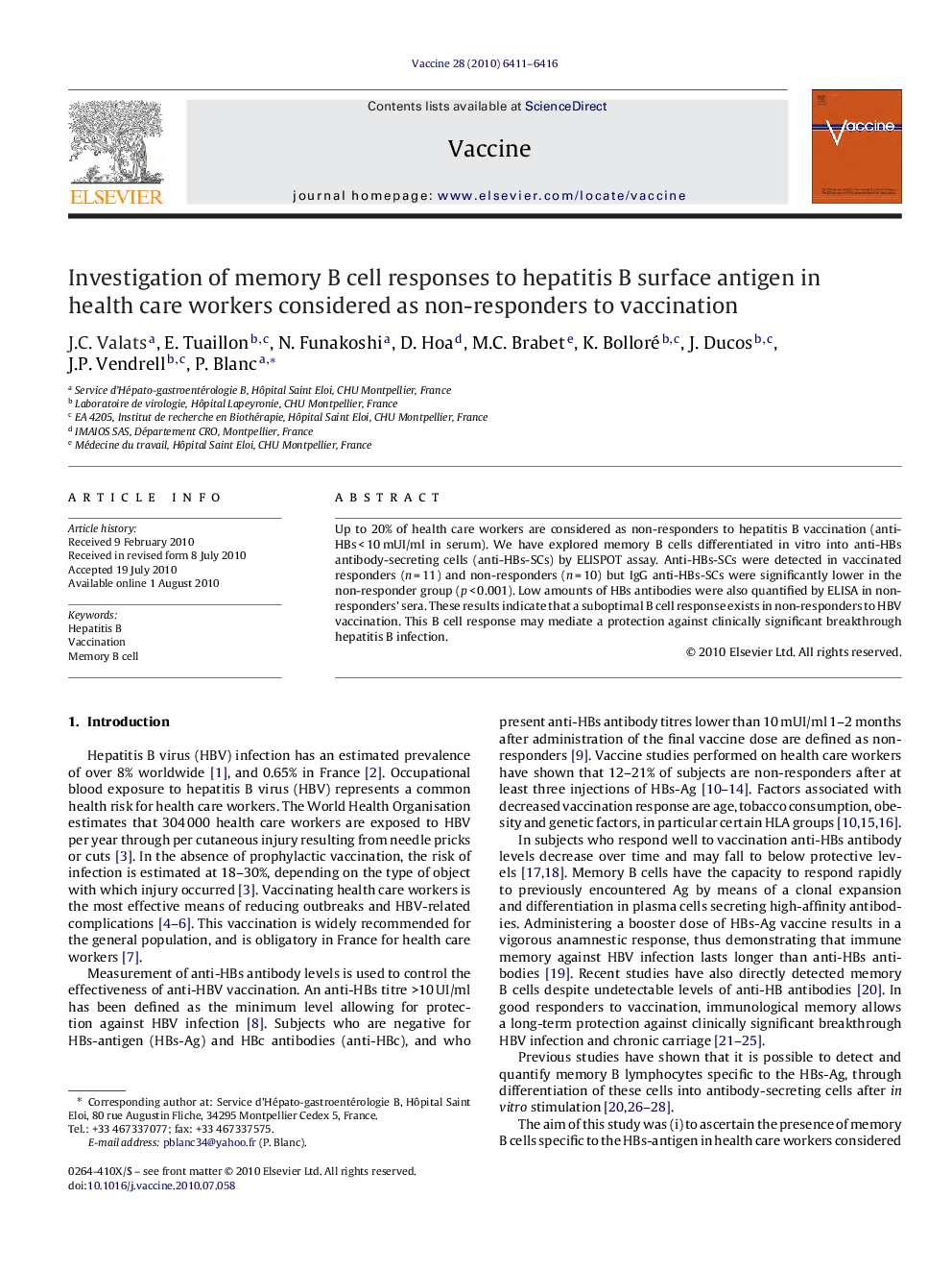 Investigation of memory B cell responses to hepatitis B surface antigen in health care workers considered as non-responders to vaccination