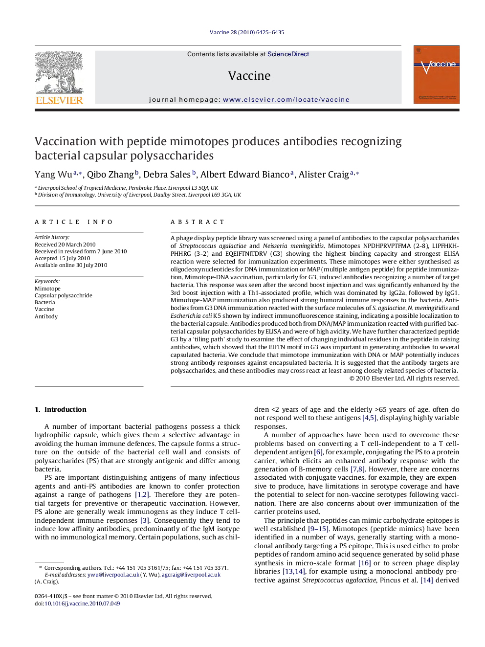 Vaccination with peptide mimotopes produces antibodies recognizing bacterial capsular polysaccharides