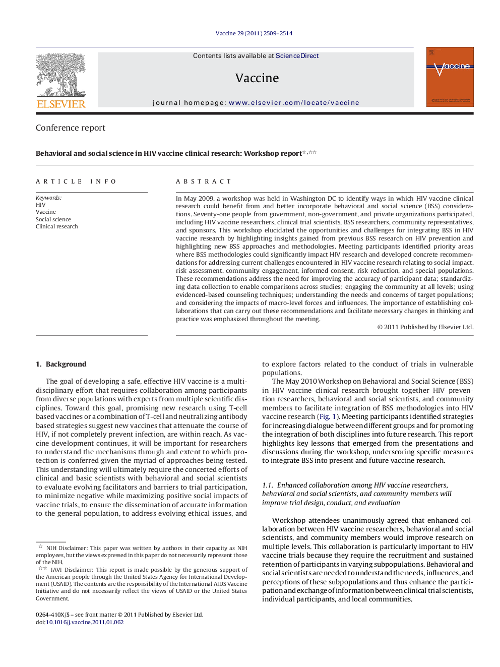 Behavioral and social science in HIV vaccine clinical research: Workshop report 