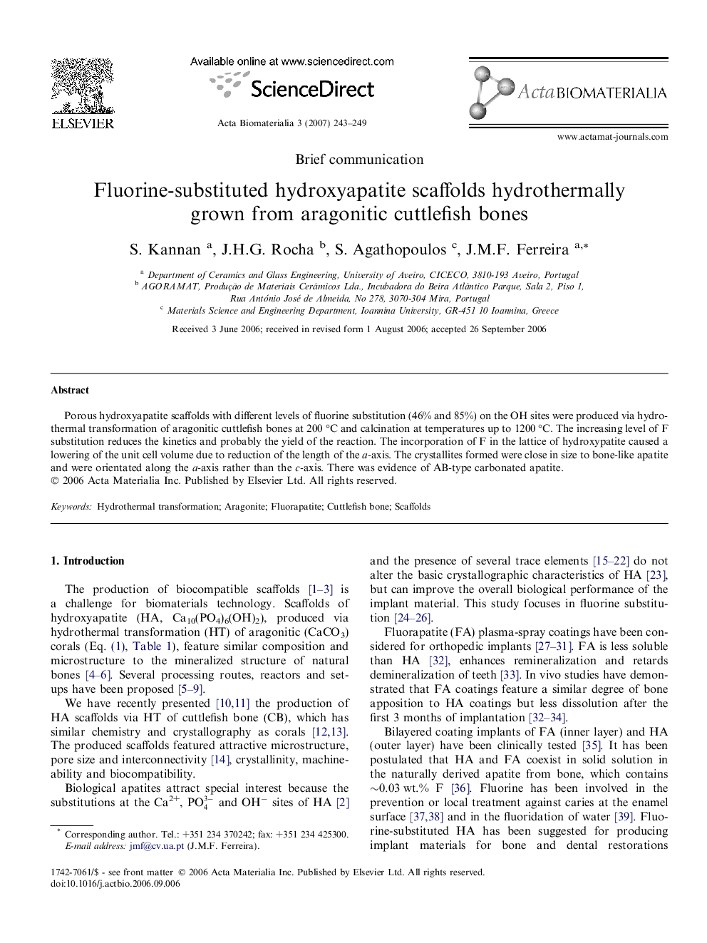 Fluorine-substituted hydroxyapatite scaffolds hydrothermally grown from aragonitic cuttlefish bones