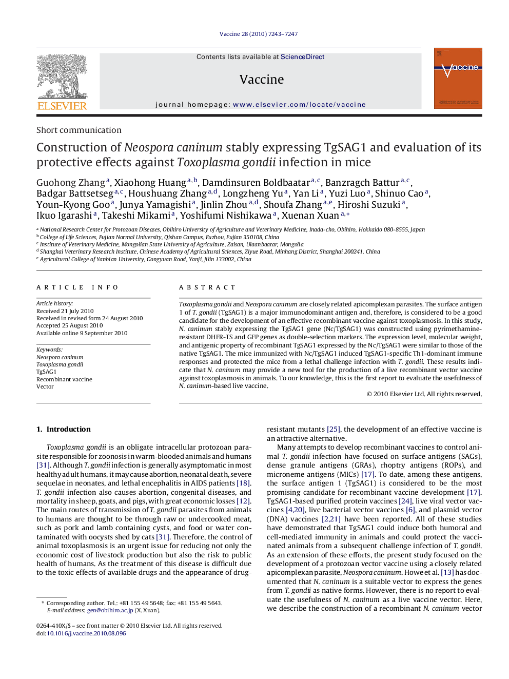 Construction of Neospora caninum stably expressing TgSAG1 and evaluation of its protective effects against Toxoplasma gondii infection in mice