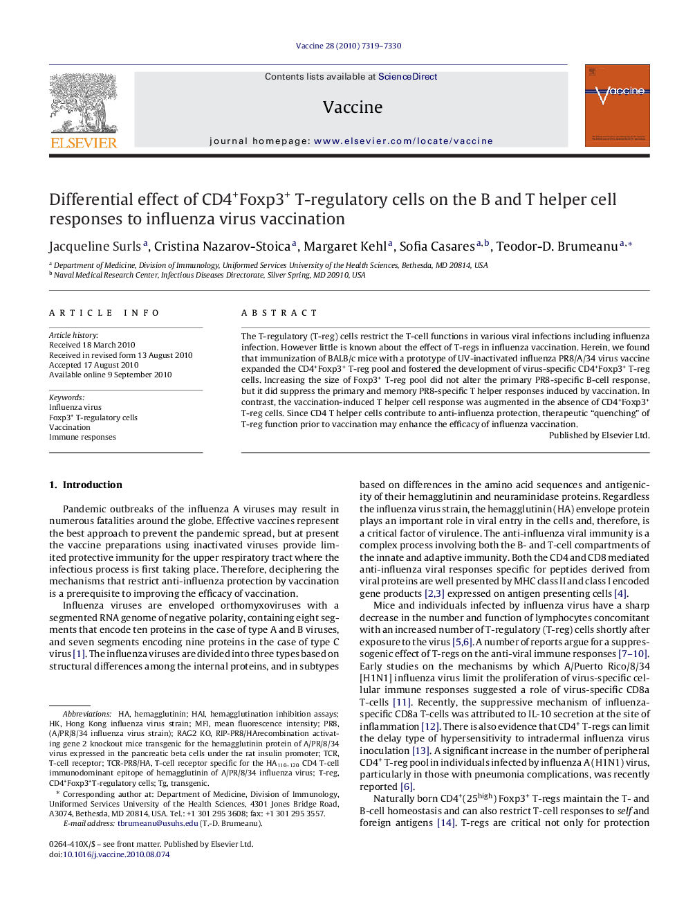 Differential effect of CD4+Foxp3+ T-regulatory cells on the B and T helper cell responses to influenza virus vaccination