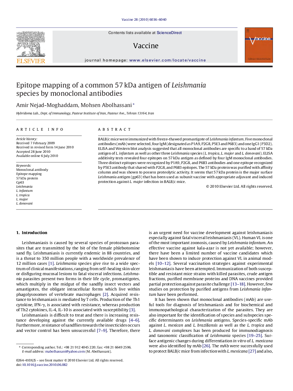 Epitope mapping of a common 57 kDa antigen of Leishmania species by monoclonal antibodies