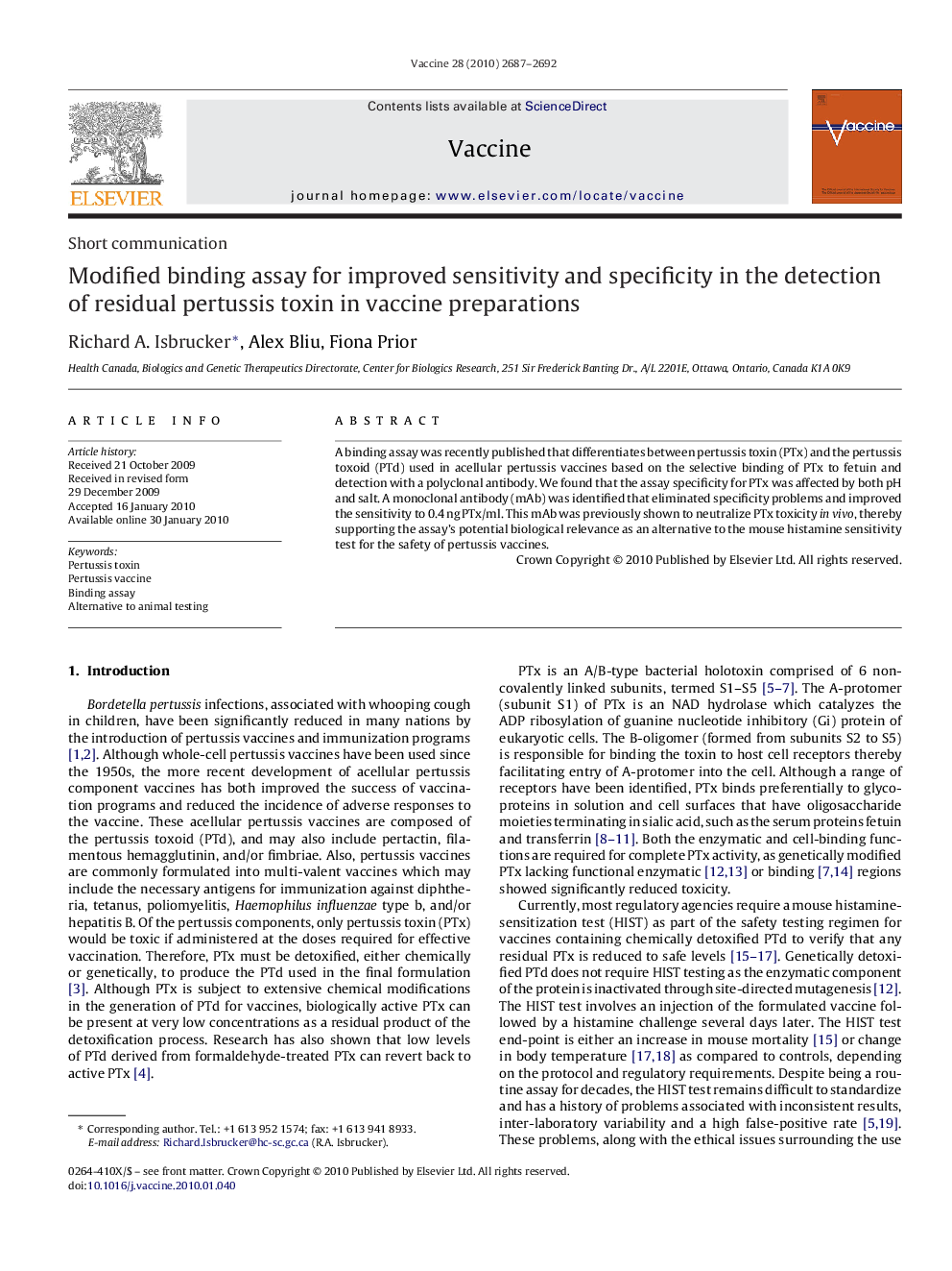 Modified binding assay for improved sensitivity and specificity in the detection of residual pertussis toxin in vaccine preparations