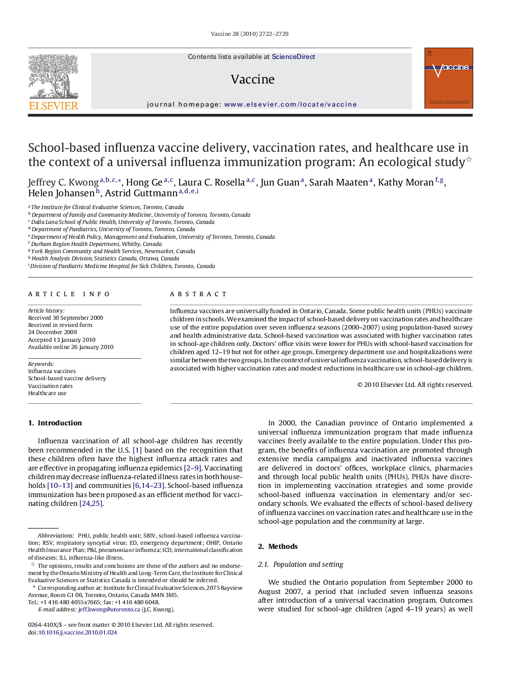 School-based influenza vaccine delivery, vaccination rates, and healthcare use in the context of a universal influenza immunization program: An ecological study 