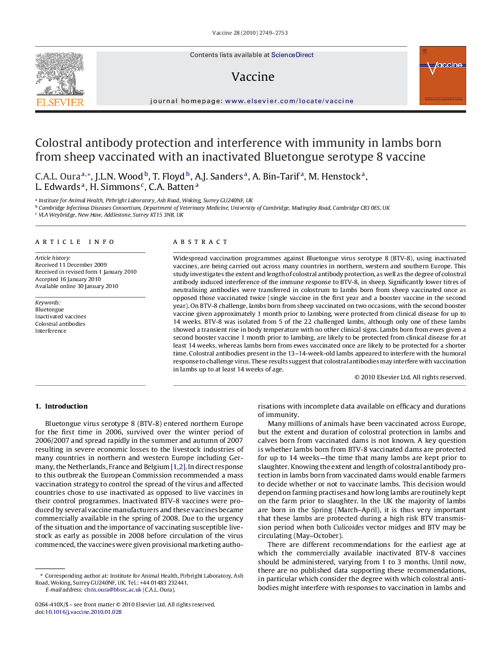 Colostral antibody protection and interference with immunity in lambs born from sheep vaccinated with an inactivated Bluetongue serotype 8 vaccine