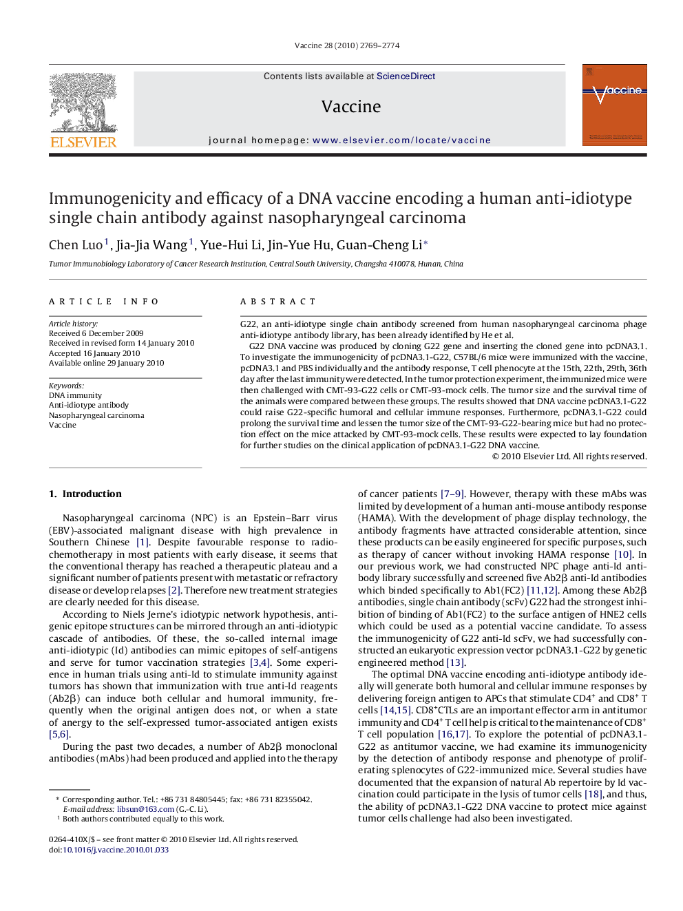 Immunogenicity and efficacy of a DNA vaccine encoding a human anti-idiotype single chain antibody against nasopharyngeal carcinoma