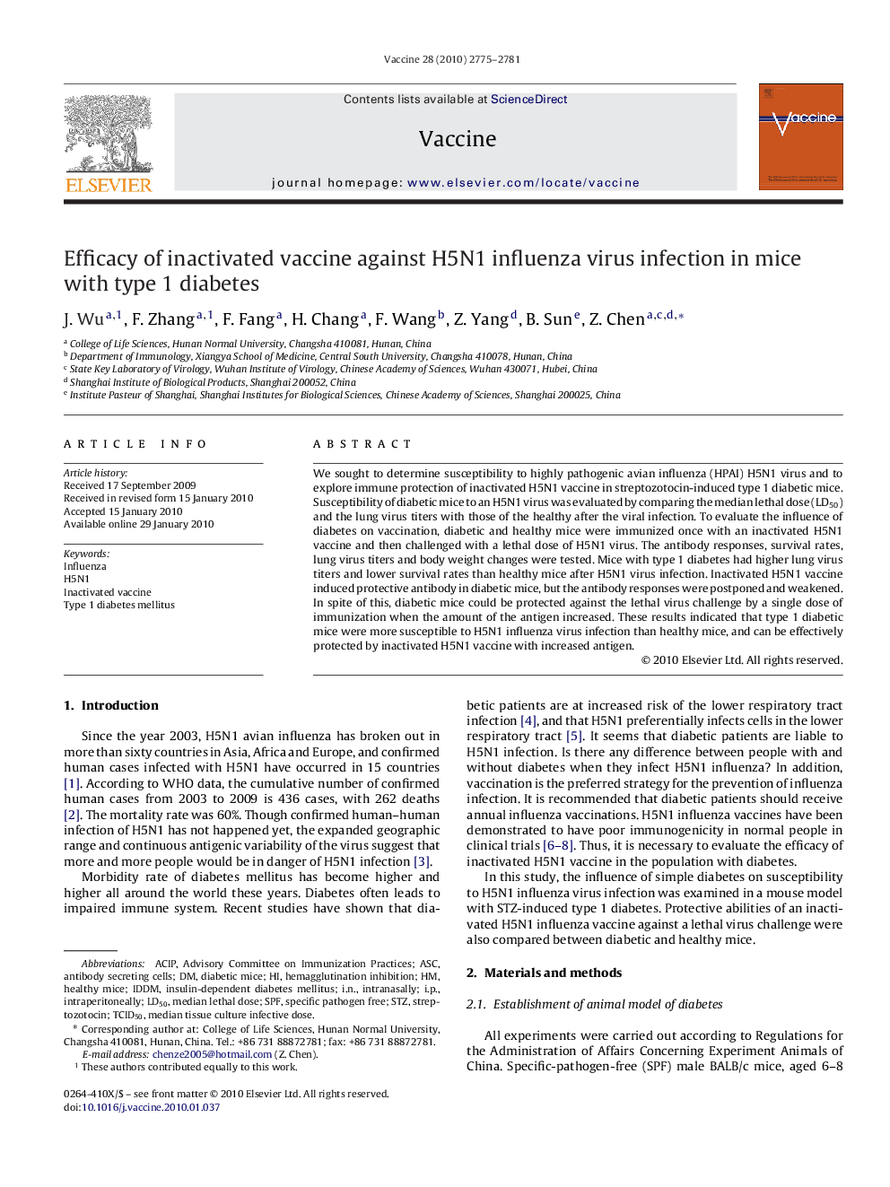 Efficacy of inactivated vaccine against H5N1 influenza virus infection in mice with type 1 diabetes