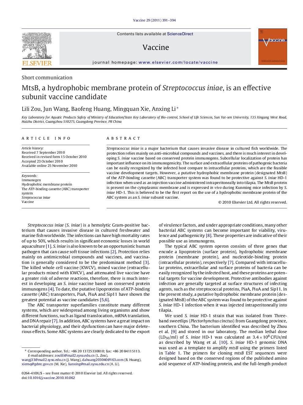 MtsB, a hydrophobic membrane protein of Streptococcus iniae, is an effective subunit vaccine candidate