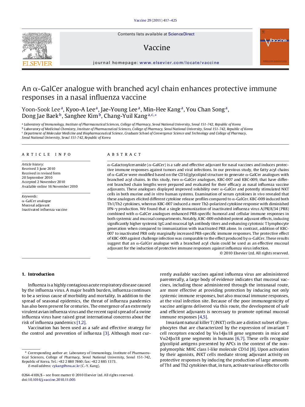 An α-GalCer analogue with branched acyl chain enhances protective immune responses in a nasal influenza vaccine