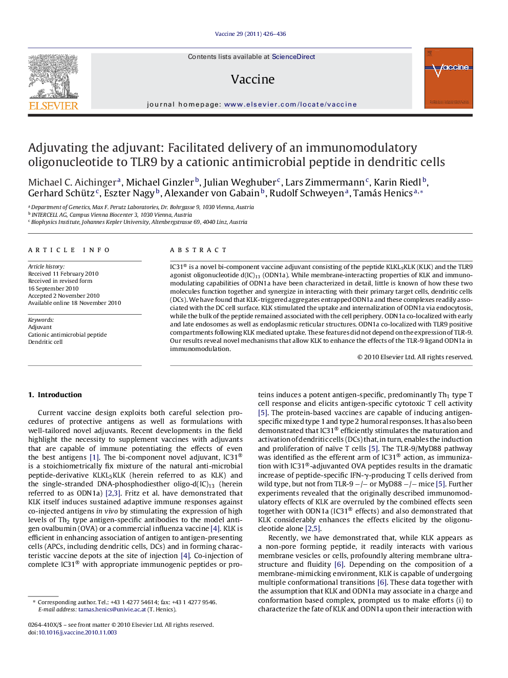 Adjuvating the adjuvant: Facilitated delivery of an immunomodulatory oligonucleotide to TLR9 by a cationic antimicrobial peptide in dendritic cells