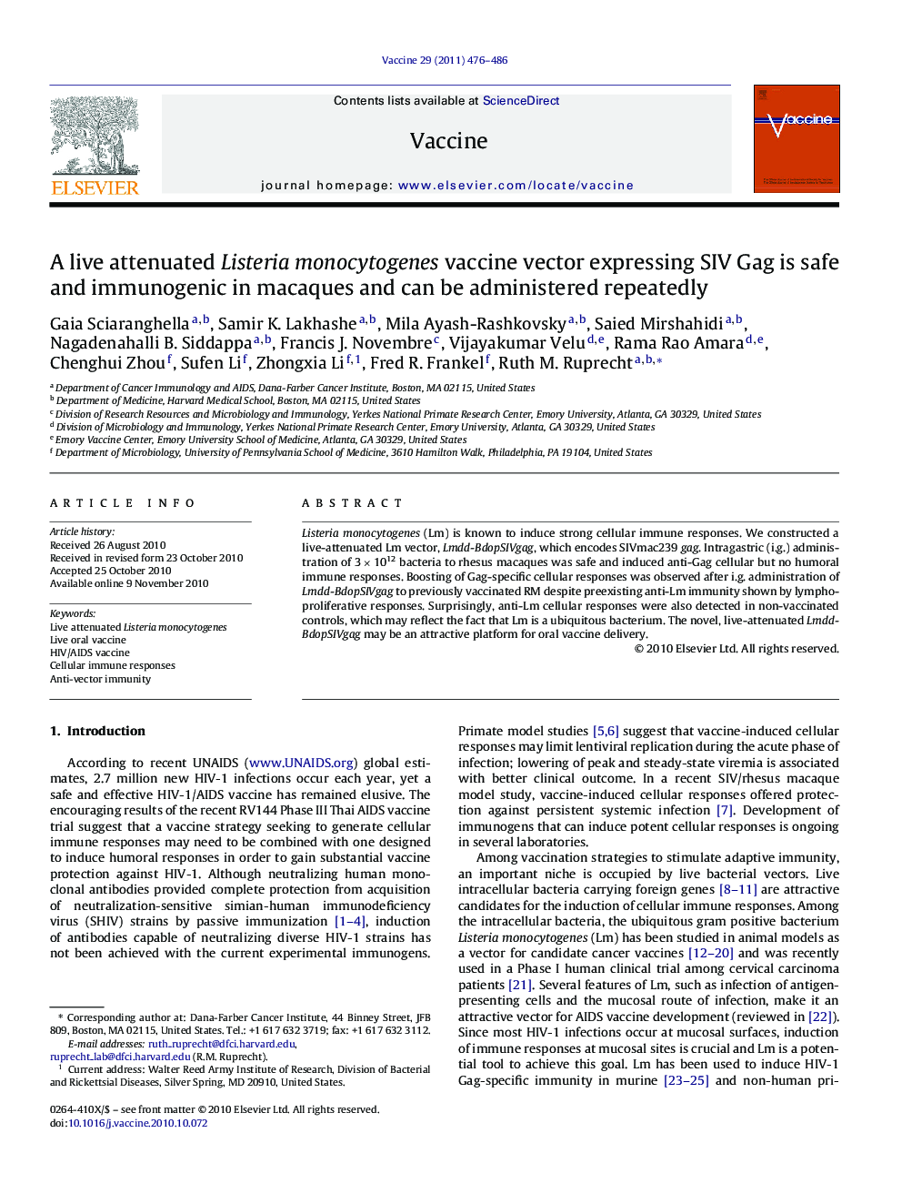 A live attenuated Listeria monocytogenes vaccine vector expressing SIV Gag is safe and immunogenic in macaques and can be administered repeatedly