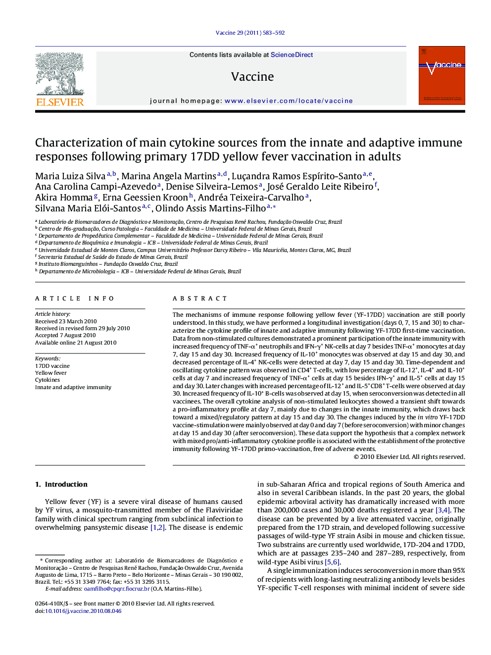 Characterization of main cytokine sources from the innate and adaptive immune responses following primary 17DD yellow fever vaccination in adults